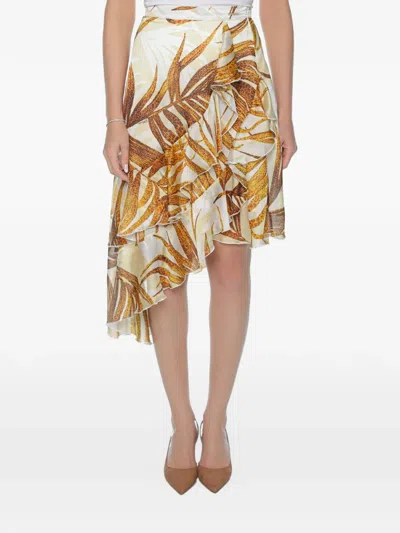 Just Cavalli Ruffled Palm-print Midi Skirt In Multi