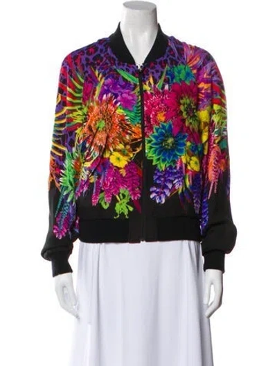 Pre-owned Just Cavalli Silk Floral Print Bomber Jacket W/ Tags In Black