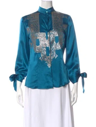 Pre-owned Just Cavalli Silk Graphic Print Blouse W/ Tags In Blue