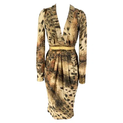 Pre-owned Just Cavalli Size 2 Beige Brown Viscose Blend Marbled Long Sleeve Dress