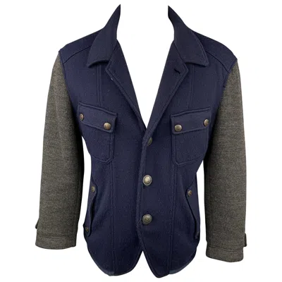 Pre-owned Just Cavalli Size L Navy & Grey Color Block Knit Jacket In Gray