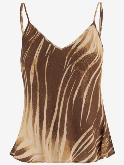 Just Cavalli Sleeveless Viscose Top With Tropical Print In Brown