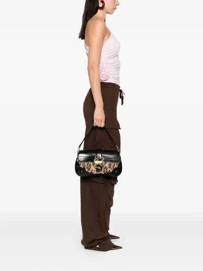 Just Cavalli Snake-buckle Leopard-print Shoulder Bag In Black
