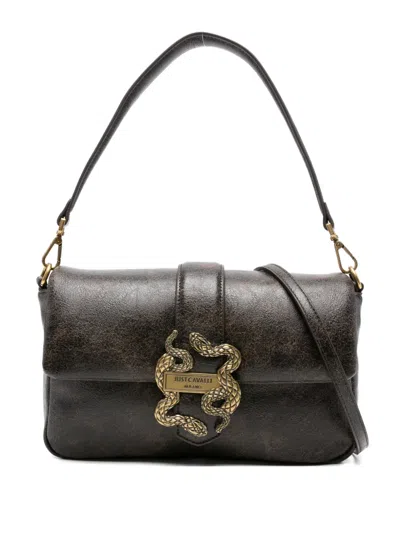Just Cavalli Snake-buckle Shoulder Bag In Brown
