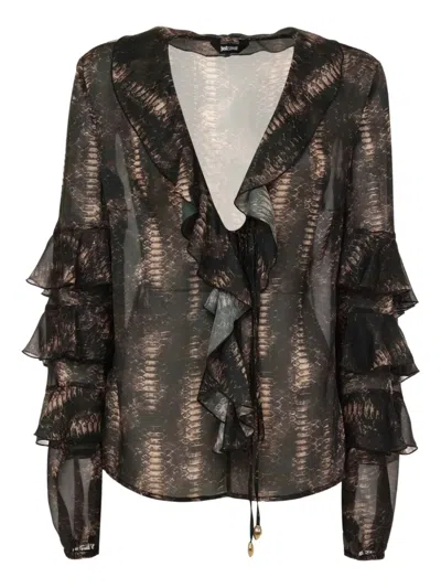 Just Cavalli Snake-print Ruffled Top In Black
