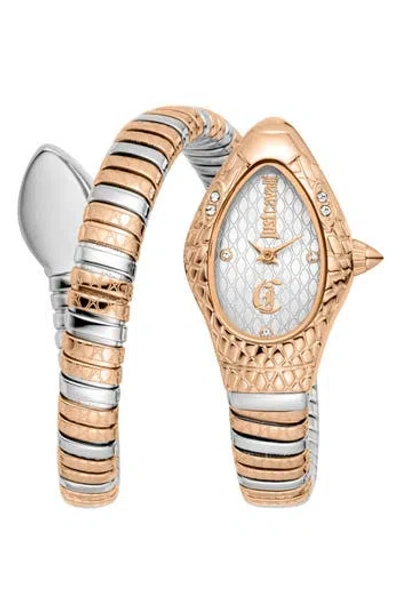 Just Cavalli Snake Wraparound Bracelet Watch, 20mm X 34.5mm In Two Tone Silver / Rose Gold Color