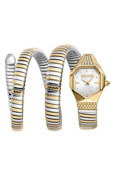 Just Cavalli Snake Wraparound Bracelet Watch, 22mm X 34.5mm In Two Tone Silver / Gold Color