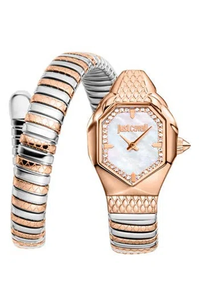 Just Cavalli Snake Wraparound Bracelet Watch, 22mm X 34.5mm In Two Tone Silver / Rose Gold Color