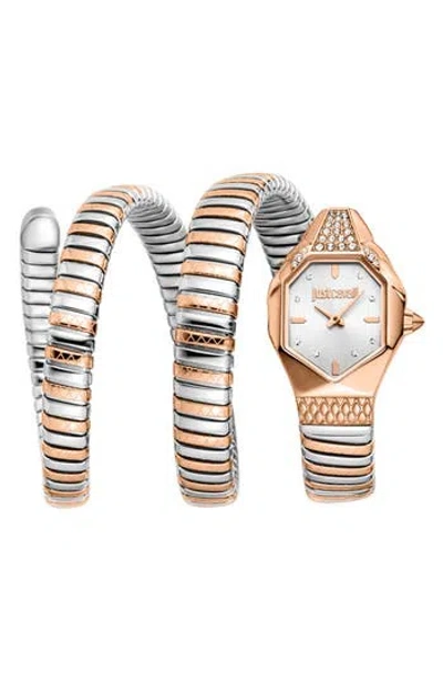 Just Cavalli Snake Wraparound Bracelet Watch, 22mm X 34.5mm In Two Tone Silver / Rose Gold Color