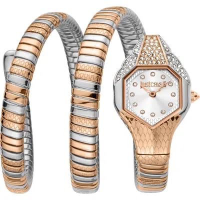 Just Cavalli Snake Wraparound Bracelet Watch, 22mm X 35mm In Two Tone Silver & Rose Gold