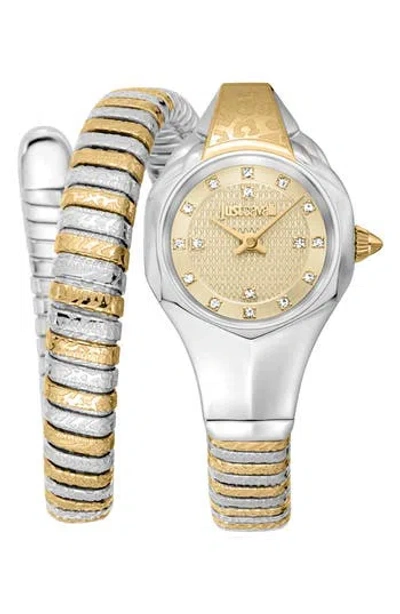 Just Cavalli Snake Wraparound Bracelet Watch, 22mm X 35mm In Two Tone Silver / Gold