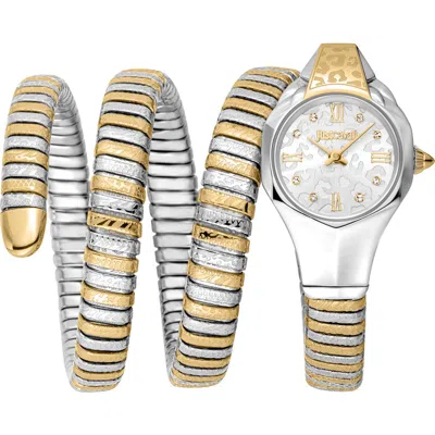 Just Cavalli Snake Wraparound Bracelet Watch, 22mm X 35mm In Two Tone Silver / Gold