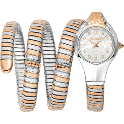 Just Cavalli Snake Wraparound Bracelet Watch, 22mm X 35mm In Two Tone Silver / Rose Gold