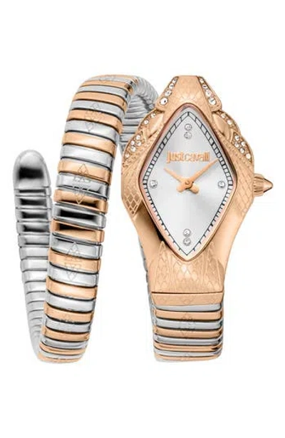 Just Cavalli Snake Wraparound Bracelet Watch, 22mm X 36.5mm In Two Tone Silver & Rose Gold Color