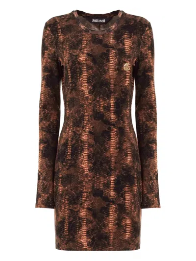 Just Cavalli Snakeskin-print Long-sleeve Mini Dress In Brown