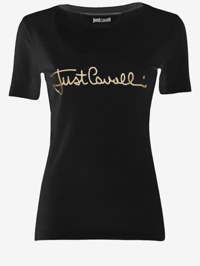 Just Cavalli Stretch Cotton T Shirt With Front Logo In Black