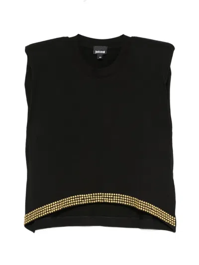 Just Cavalli Stud-embellished Padded-shoulder T-shirt In Black