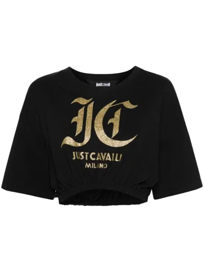 Just Cavalli Logo-print Cotton Crop Top In Black