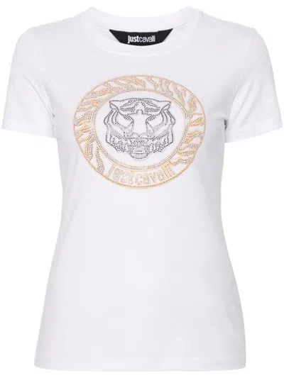 Just Cavalli Tiger Head Studded Cotton T-shirt In White