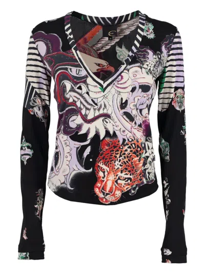 Pre-owned Just Cavalli Tattoo-print Blouse In Black