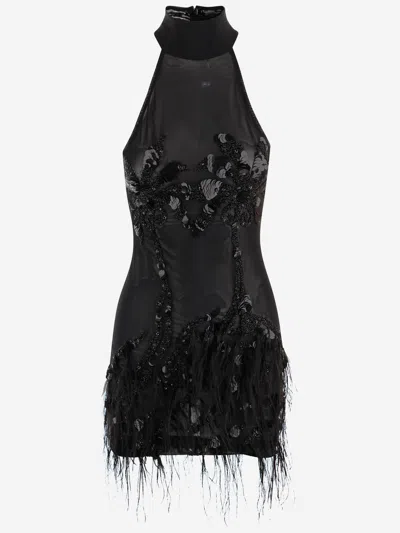 Just Cavalli Technical Jersey Dress With Feathered Details In Black