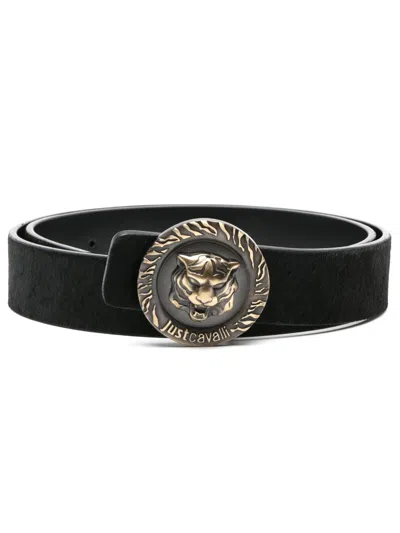 Just Cavalli Tiger Head-motif Leather Belt In Black