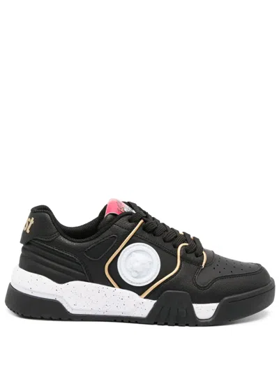 Just Cavalli Tiger Head-motif Leather Sneakers In Black