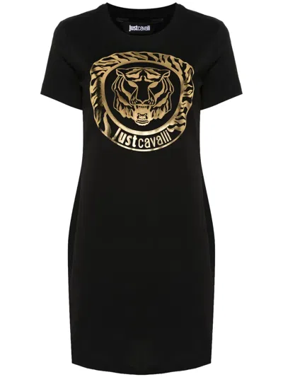 Just Cavalli Tiger Head-print T-shirt Dress In Black