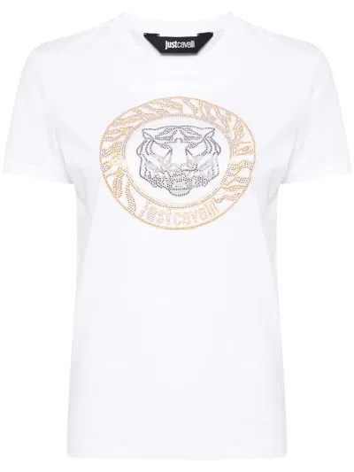 Just Cavalli Tiger Head Studded Cotton T-shirt In White