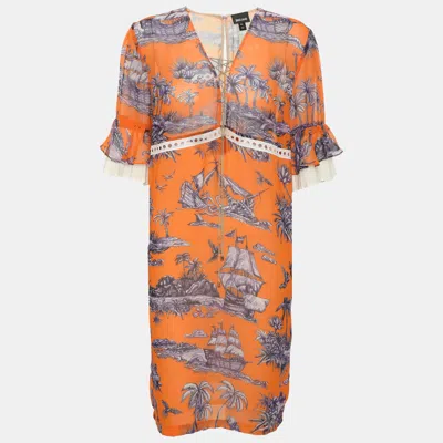 Pre-owned Just Cavalli Tropical Pirate Print Chiffon Ruffle Sleeve Shift Dress M In Multi
