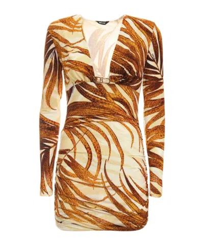 Just Cavalli Tropical Print Ruched Mini Dress In Brown