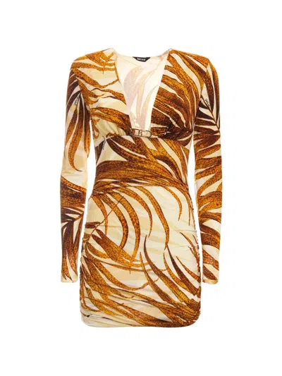 Just Cavalli V-neck Floral Mini Dress In Brown