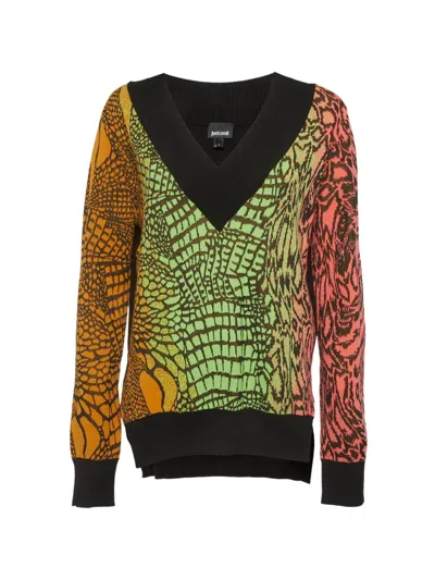 Pre-owned Just Cavalli Vintage Animal-pattern V-neck Sweater In Black