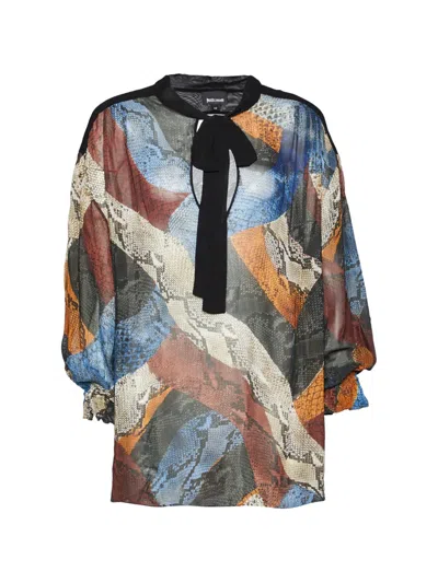 Pre-owned Just Cavalli Vintage Animal-print Tie-neck Blouse In Blue