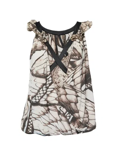 Pre-owned Just Cavalli Vintage Butterfly-print Ruffled Top In Brown