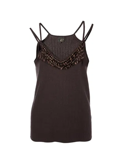 Pre-owned Just Cavalli Vintage Button-embellished Ribbed-knit Tank Top In Brown