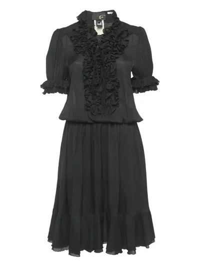 Pre-owned Just Cavalli Vintage Crepe Frill-detail Midi Dress In Black