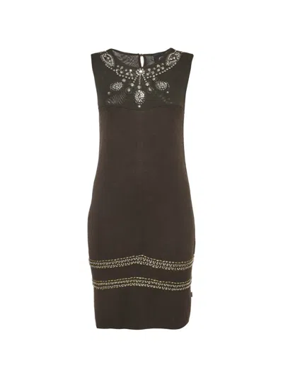 Pre-owned Just Cavalli Vintage Embellished Mesh-panel Midi Dress In Brown