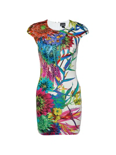 Pre-owned Just Cavalli Vintage Floral-print Cap-sleeve Mini Dress In White