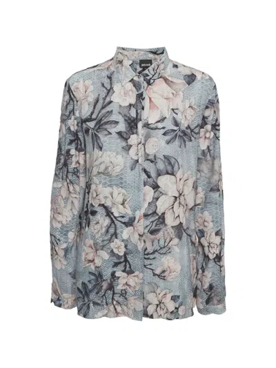 Pre-owned Just Cavalli Vintage Floral-print Snakeskin-effect Shirt In Blue