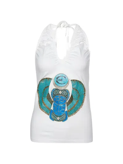 Pre-owned Just Cavalli Vintage Halter Neck Printed Top In White