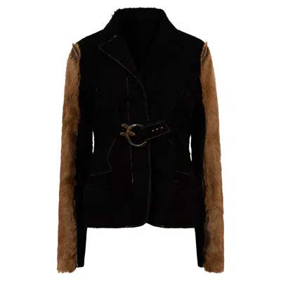 Pre-owned Just Cavalli Vintage  2001 Leather Suede Distressed & Pony Hair Jacket In Black
