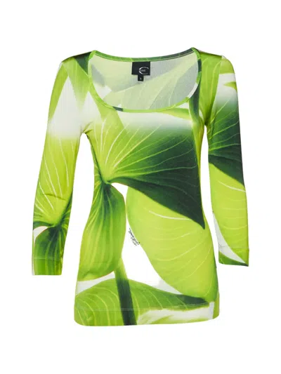 Pre-owned Just Cavalli Vintage Leaf-print Scoop-neck Top In Green