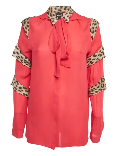 Pre-owned Just Cavalli Vintage Leopard-print Ruffled Blouse In Red