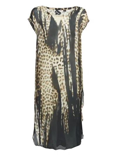 Pre-owned Just Cavalli Vintage Leopard-print Silk Dress In Brown