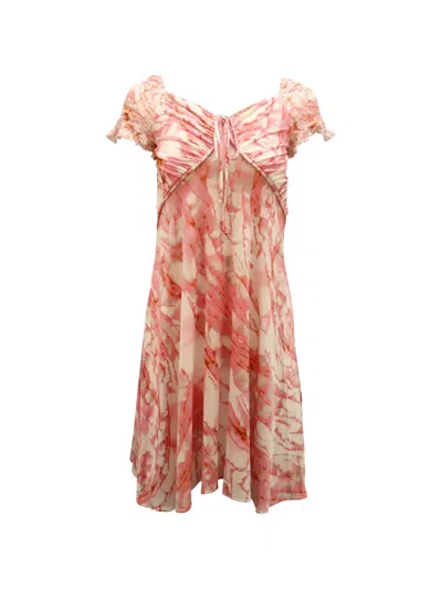 Pre-owned Just Cavalli Vintage Marble-print Puff-sleeves Midi Dress In Pink