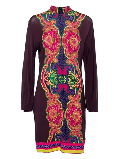 Pre-owned Just Cavalli Vintage Paisley-print Long-sleeve Dress In Purple