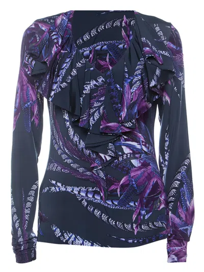 Pre-owned Just Cavalli Vintage  Ruffle Printed Top In Blue