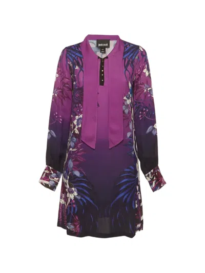 Pre-owned Just Cavalli Vintage Printed Neck-tie Mini Dress In Purple