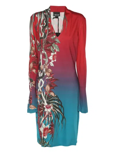Pre-owned Just Cavalli Vintage Floral-print Midi Dress In Red